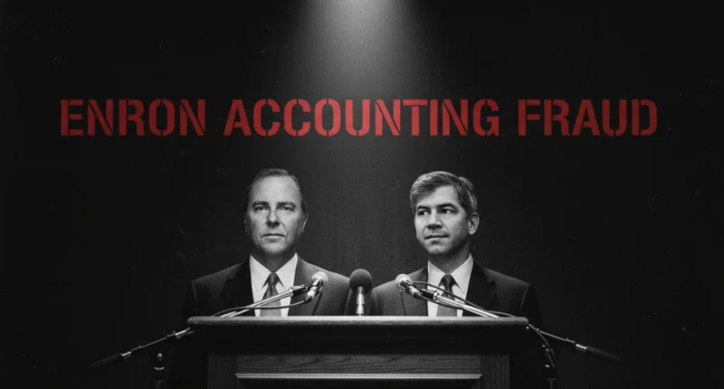 A dark, gritty feature image illustrating the Enron Accounting Fraud, showing Jeffrey Skilling and Andrew Fastow at a press podium under harsh lighting, with the title 'ENRON ACCOUNTING FRAUD' in red stencil text above them.