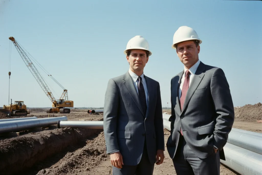 A 1980s-style vintage photo showing a younger Kenneth Lay and Jeffrey Skilling in suits and hard hats at an Enron gas pipeline construction site, representing the company's early days before the Enron Accounting Fraud.
