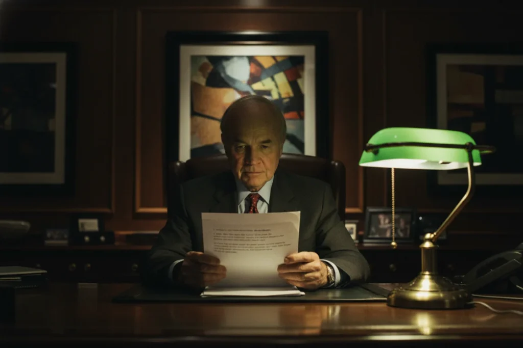 A cinematic, dark image depicting Enron CEO Kenneth Lay in a shadowy office, reading the whistleblower memo that warned of the impending Enron Accounting Fraud. A green banker's lamp provides the only light.