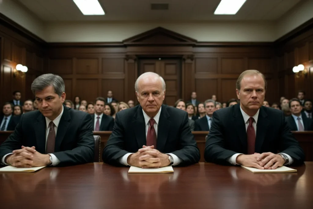 A tense courtroom photo showing the key figures of the Enron Accounting Fraud—(from left) Andrew Fastow, Kenneth Lay, and Jeffrey Skilling—sitting side-by-side at the defendant's table during their trial