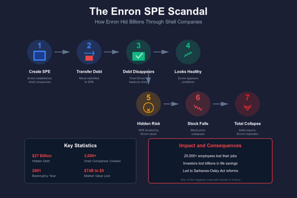 A flowchart infographic titled 'The Enron SPE Scandal,' detailing the 7-step process of the Enron Accounting Fraud, from 'Create SPE' and 'Transfer Debt' to 'Stock Falls' and 'Total Collapse.' It also lists key statistics and consequences.