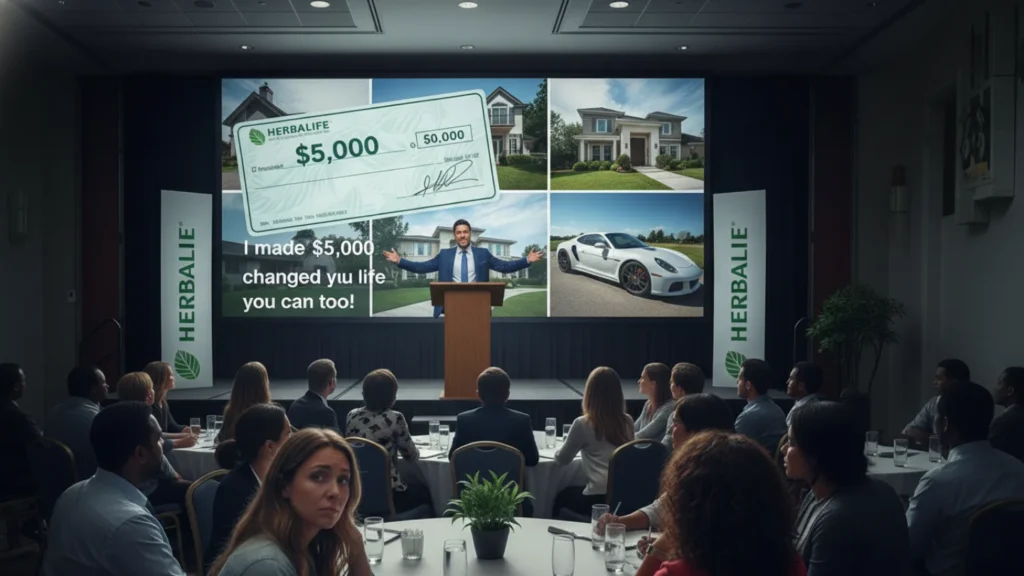 A charismatic speaker on stage at a "Herbalife MLM" recruitment event, showing slides of luxury cars and fake checks to a hopeful audience.