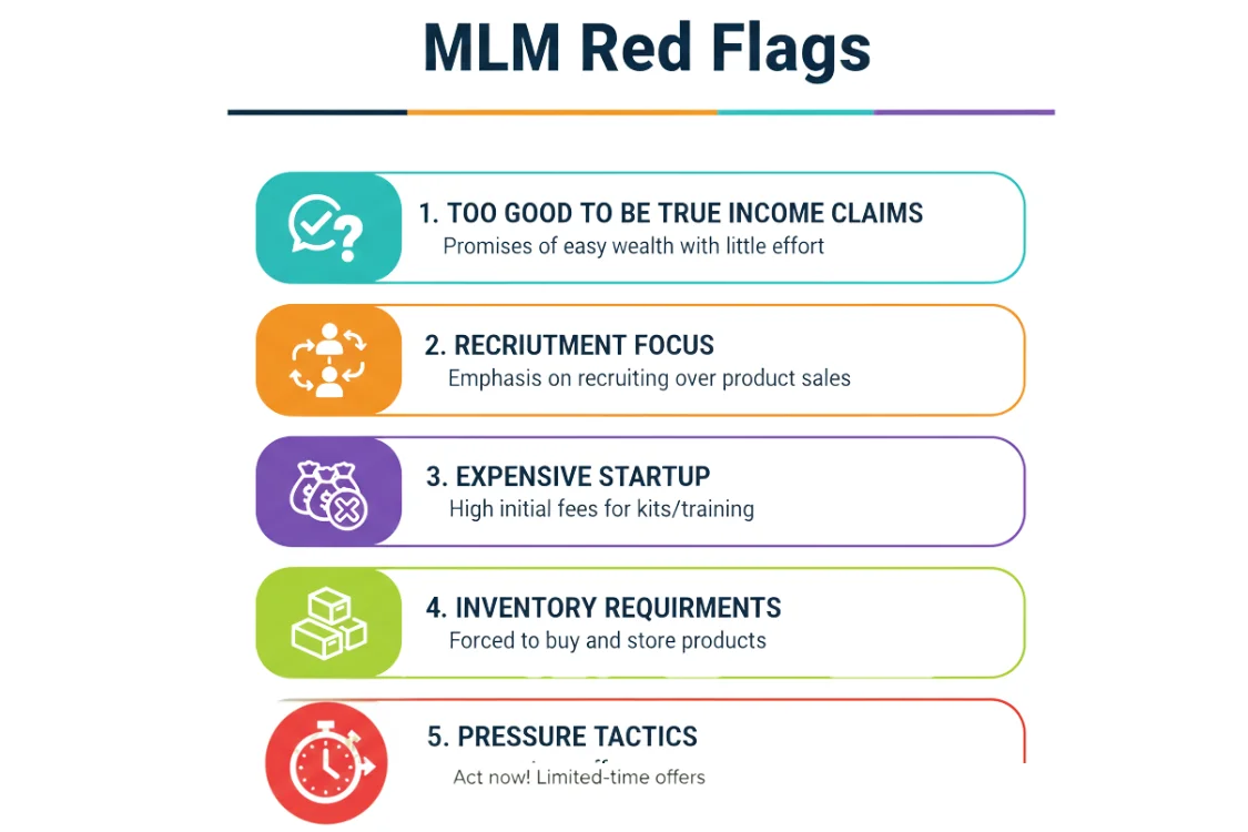 An infographic listing key "MLM Red Flags," such as recruitment focus and expensive startup costs, which are characteristic of the "Herbalife MLM" model.