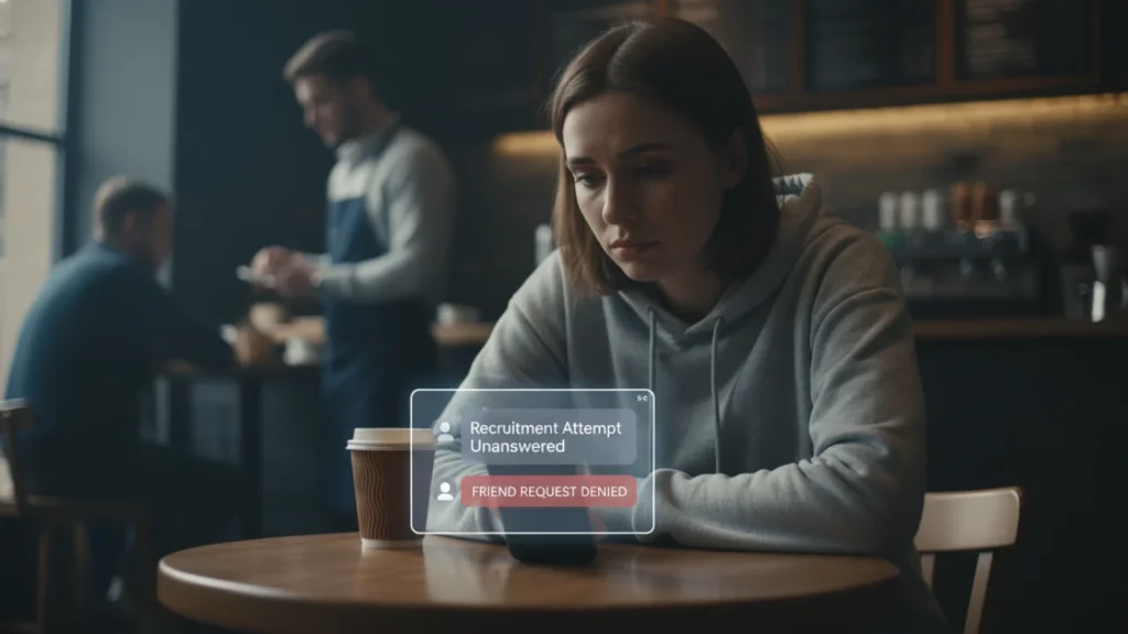 A woman looks isolated and sad in a cafe as her phone shows failed "Herbalife MLM" recruitment attempts and "Friend Request Denied," illustrating social rejection.