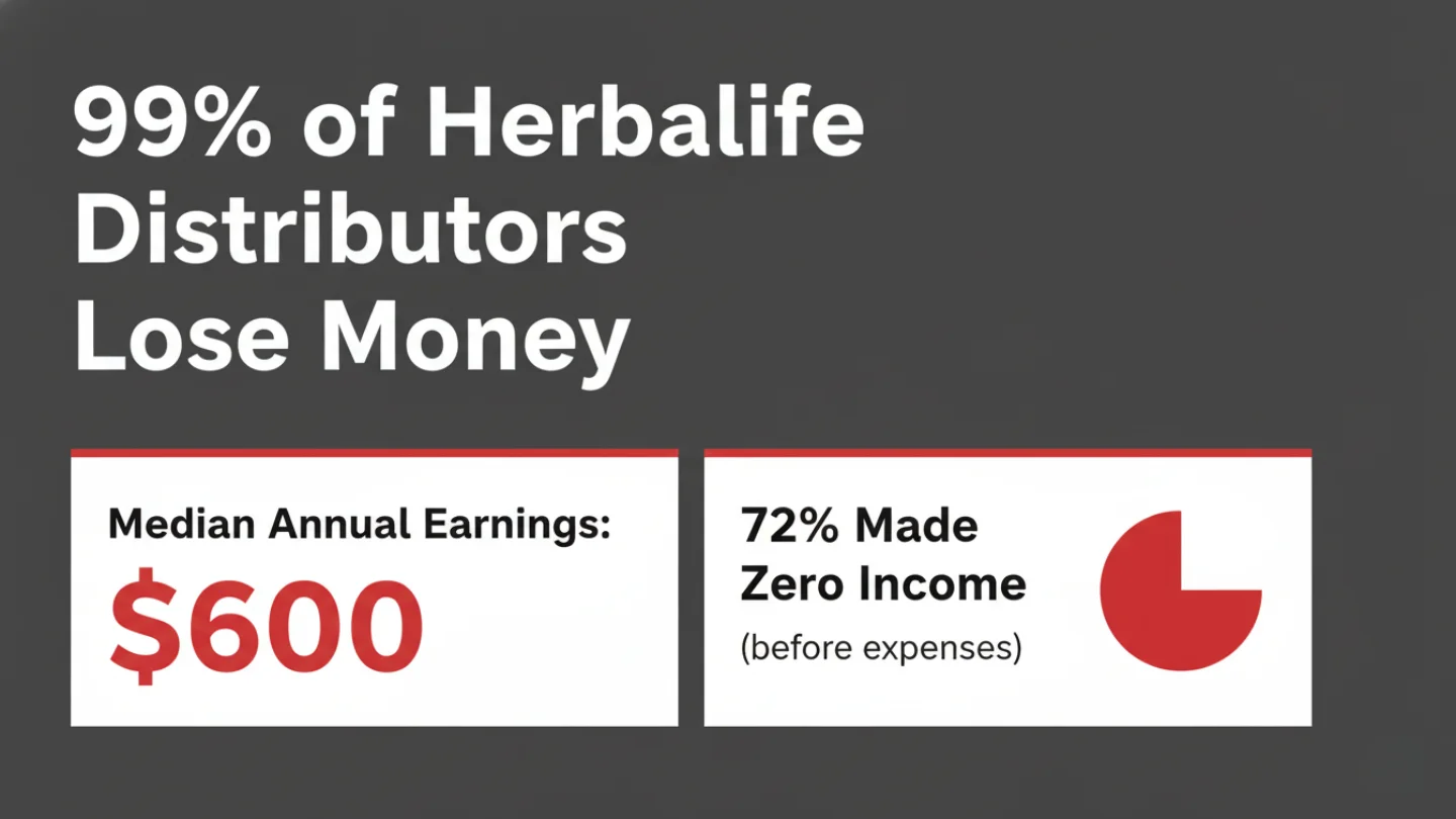 A stark statistic infographic showing that 99% of "Herbalife MLM" distributors lose money and 72% make zero income before expenses.