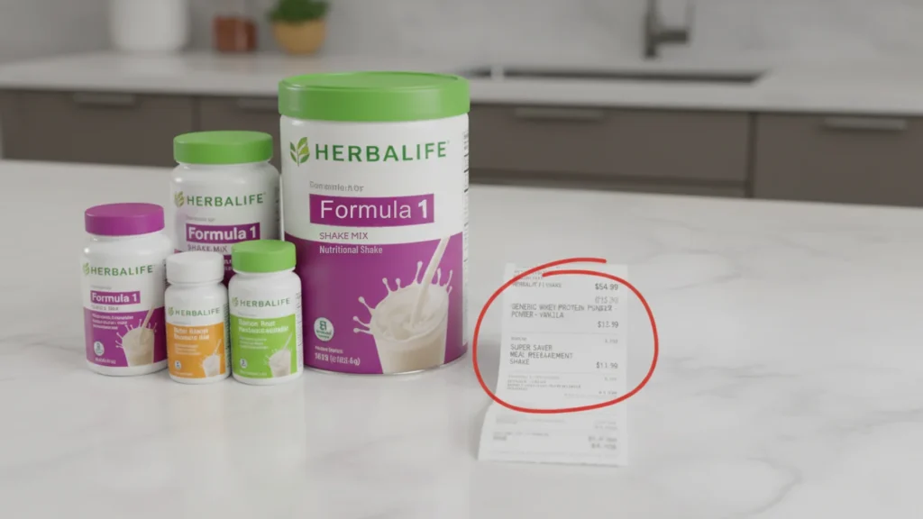 A price comparison showing expensive "Herbalife MLM" products next to a grocery receipt for a much cheaper generic alternative, highlighting the high cost.