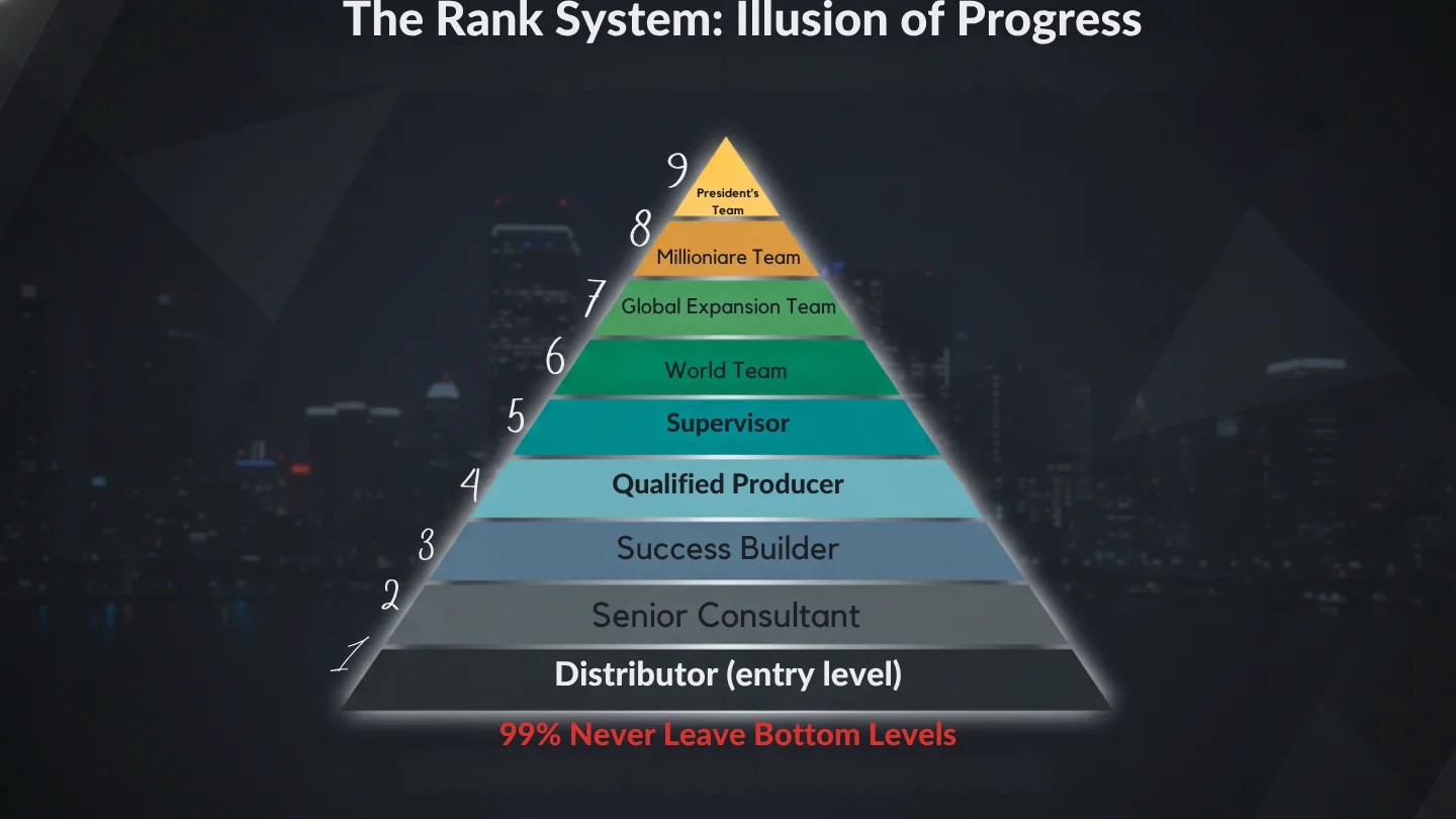 An infographic pyramid showing the "Herbalife MLM" rank system, stating that 99% of distributors never leave the bottom levels.