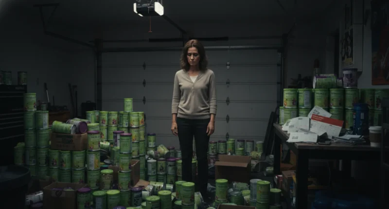 A distressed woman stands in a garage filled with stacks of unsold "Herbalife MLM" products, symbolizing the financial loss and inventory loading.