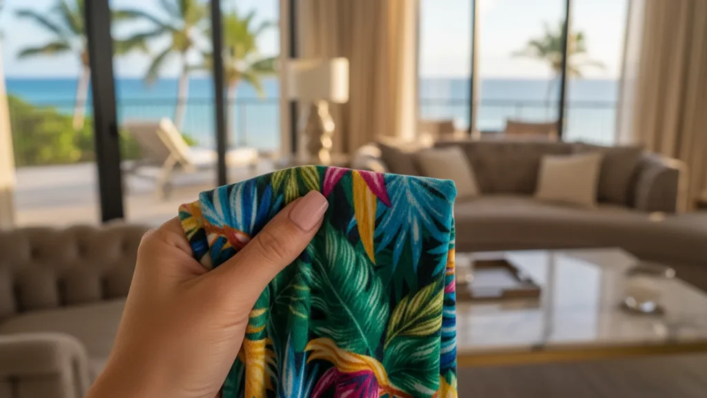 A close-up of a hand holding a piece of colorful, patterned fabric against a luxury resort background. This references the famous "buttery soft" leggings and the lifestyle marketing used before quality issues contributed to the LuLaRoe collapse.