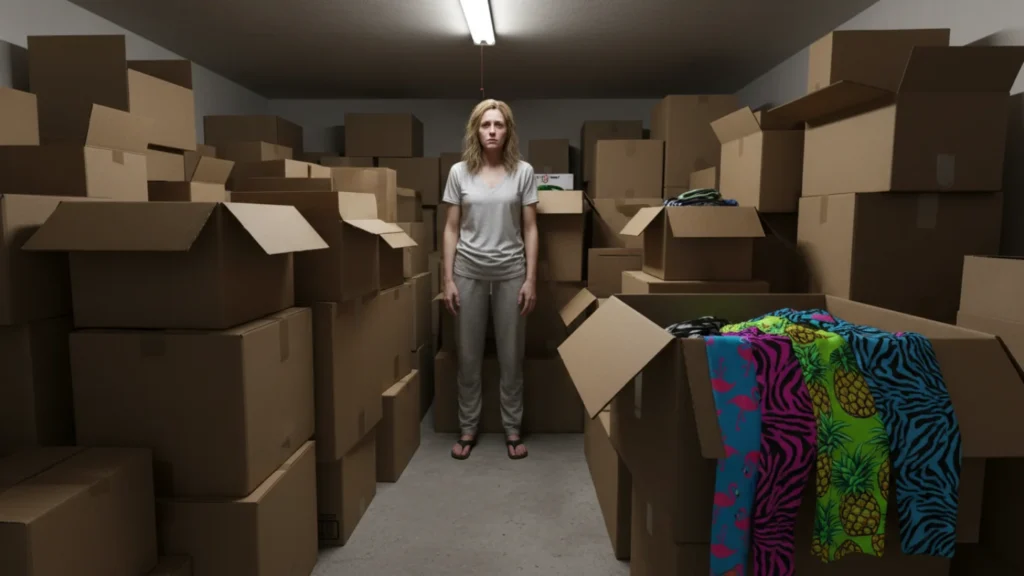 A woman stands motionless in a small room filled floor-to-ceiling with cardboard boxes. This highlights the reality of "garage qualification" and the burden of unsold inventory that defined the LuLaRoe collapse.