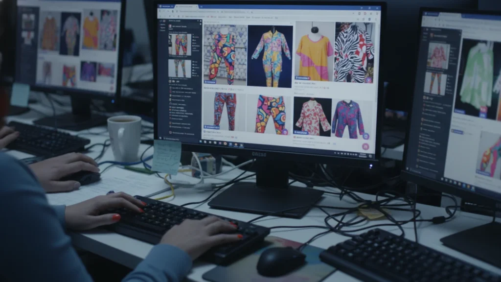 Workers at computers viewing multiple screens filled with online listings for colorful clothing. This represents the oversaturated online market and the frenzy of consultants trying to offload products during the LuLaRoe collapse.