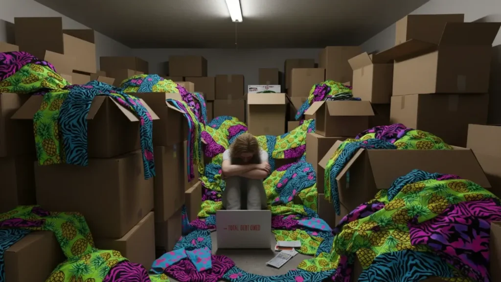 A distressed woman sits on the floor with her head down, surrounded by unsold boxes of inventory and colorful leggings. A laptop in front of her displays a debt warning, illustrating the financial ruin many consultants faced during the LuLaRoe collapse.