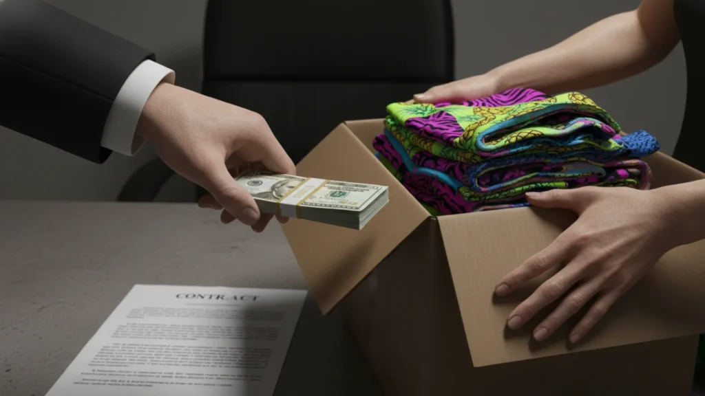Hands exchanging a large stack of cash for a box of colorful leggings with a contract on the table. This illustrates the high initial startup costs required to join the business, which trapped many people financially during the LuLaRoe collapse.