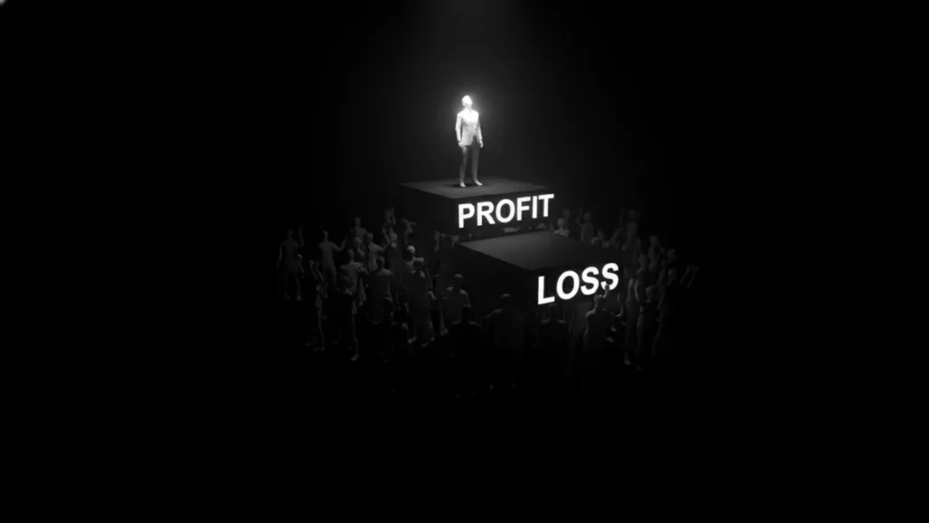 A conceptual image showing a single figure standing in the light on a block labeled "PROFIT," while a crowd stands in the dark below a block labeled "LOSS." This illustrates the inequality of the pyramid scheme structure that led to the LuLaRoe collapse.