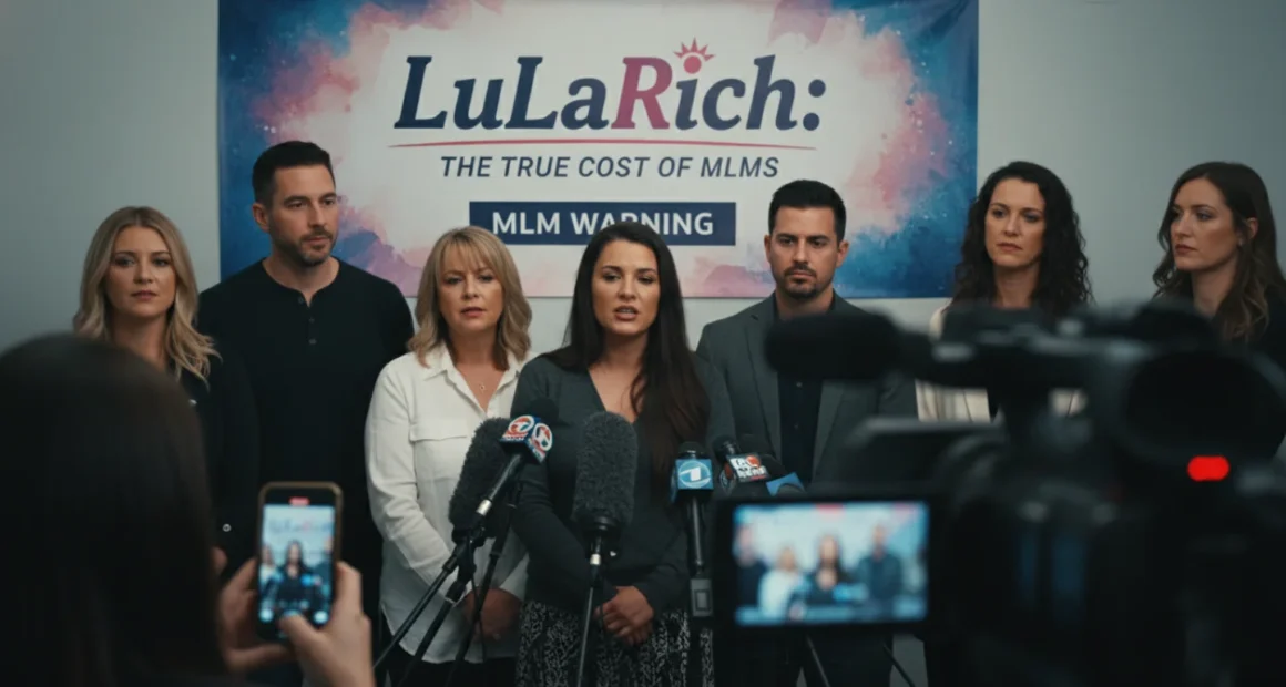 A group of people speak to the media at a press conference in front of a banner reading "LuLaRich: The True Cost of MLMs." This scene represents the whistleblowers and documentaries that exposed the truth behind the LuLaRoe collapse.