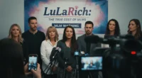 A group of people speak to the media at a press conference in front of a banner reading "LuLaRich: The True Cost of MLMs." This scene represents the whistleblowers and documentaries that exposed the truth behind the LuLaRoe collapse.