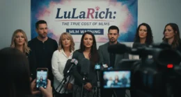 A group of people speak to the media at a press conference in front of a banner reading "LuLaRich: The True Cost of MLMs." This scene represents the whistleblowers and documentaries that exposed the truth behind the LuLaRoe collapse.