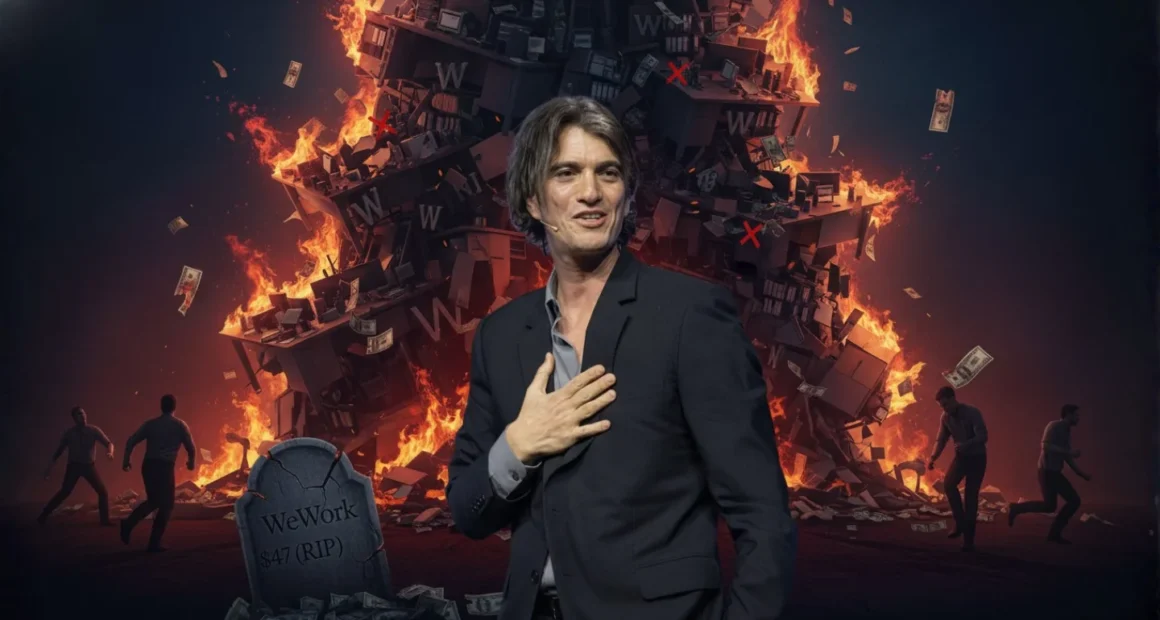 Feature image of the WeWork collapse, showing Adam Neumann smiling smugly as a massive tower of WeWork desks and 'W' logos burns and collapses behind him. A tombstone in the foreground reads 'WeWork $47 (RIP)'.