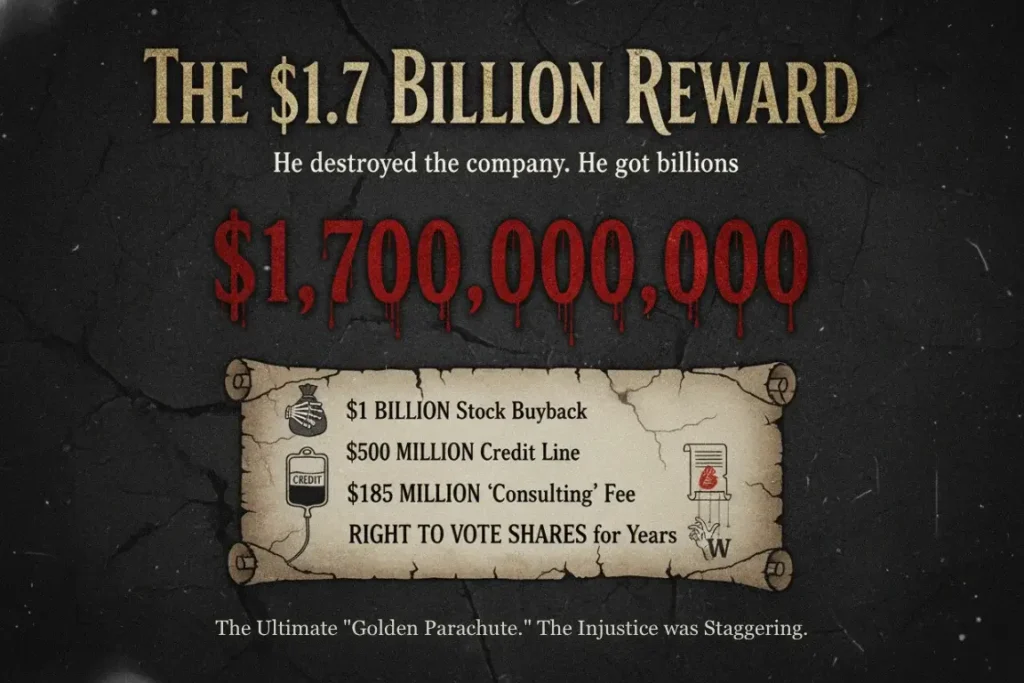 A financial horror-style infographic on the WeWork collapse, titled 'The $1.7 Billion Reward.' It lists Adam Neumann's exit package, including a '$1 BILLION Stock Buyback,' '$500 MILLION Credit Line,' and '$185 MILLION 'Consulting' Fee,' with the text 'He destroyed the company. He got billions.