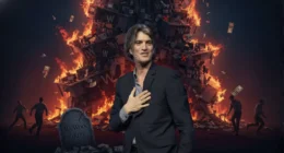 Feature image of the WeWork collapse, showing Adam Neumann smiling smugly as a massive tower of WeWork desks and 'W' logos burns and collapses behind him. A tombstone in the foreground reads 'WeWork $47 (RIP)'.