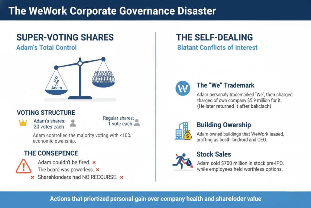 Infographic on the WeWork collapse detailing 'The WeWork Corporate Governance Disaster.' It shows how 'Super-Voting Shares' gave Adam Neumann total control (20 votes vs 1) and lists his 'Self-Dealing,' including the '$5.9M We Trademark' deal and profiting from building ownership.