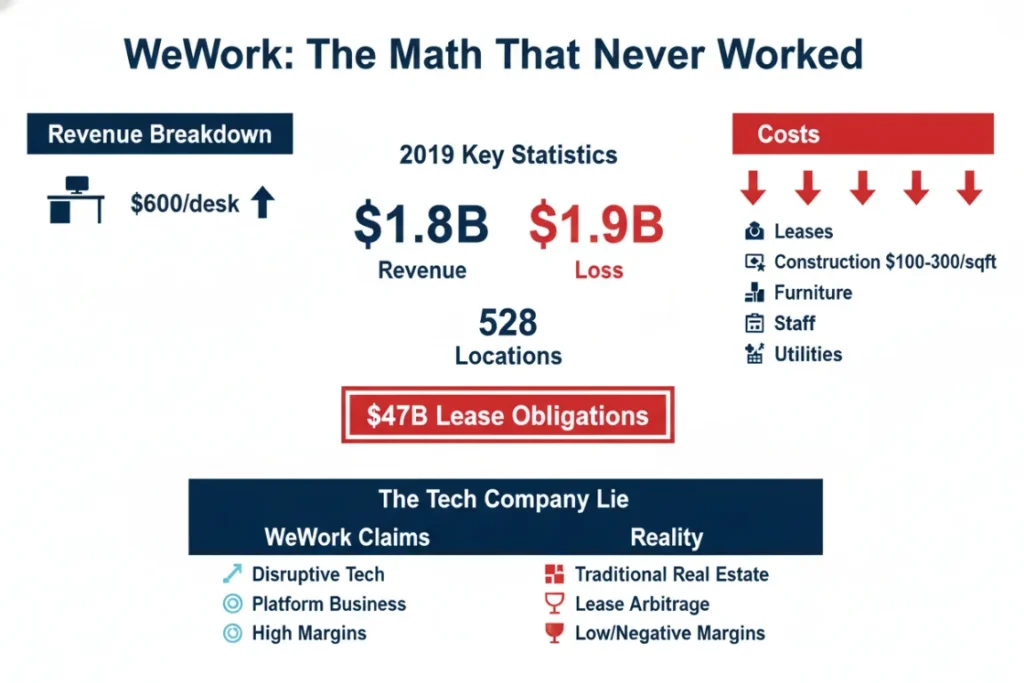 Infographic titled 'WeWork: The Math That Never Worked,' showing key stats from the WeWork collapse. It highlights a $1.9B loss on $1.8B revenue in 2019, $47B in lease obligations, and 'The Tech Company Lie,' which contrasts WeWork's tech claims with its real estate reality.