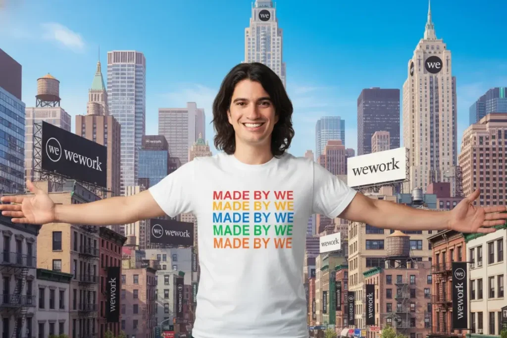 Adam Neumann smiles broadly with his arms open wide, wearing a white 'MADE BY WE' rainbow t-shirt. He stands in front of a bright cityscape filled with numerous 'wework' signs and 'we' logos, symbolizing the company's vast expansion