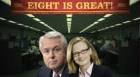 Executives John Stumpf and Carrie Tolstedt, central figures in the Wells Fargo fake accounts scandal, with an "Eight is Great" sales banner in the background.