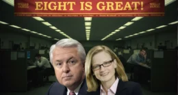 Executives John Stumpf and Carrie Tolstedt, central figures in the Wells Fargo fake accounts scandal, with an "Eight is Great" sales banner in the background.