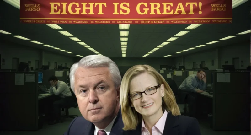 Executives John Stumpf and Carrie Tolstedt, central figures in the Wells Fargo fake accounts scandal, with an "Eight is Great" sales banner in the background.