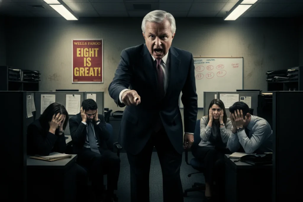 A cinematic shot of an angry manager pressuring distressed employees, symbolizing the toxic sales culture behind the Wells Fargo fake accounts scandal. A "Wells Fargo Eight is Great" poster is visible