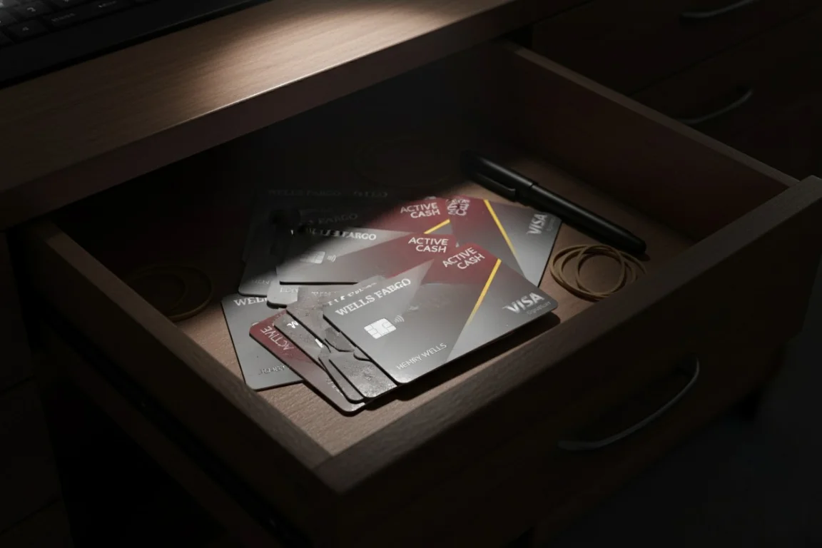 An open desk drawer reveals multiple Wells Fargo credit cards, a direct visual representation of the unauthorized fake accounts.