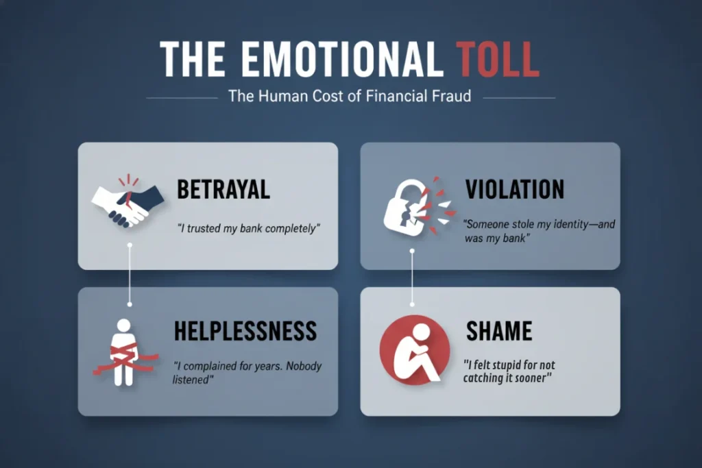 "The Emotional Toll" infographic, detailing the human cost of the Wells Fargo fake accounts scandal, including feelings of Betrayal, Violation, Helplessness, and Shame.