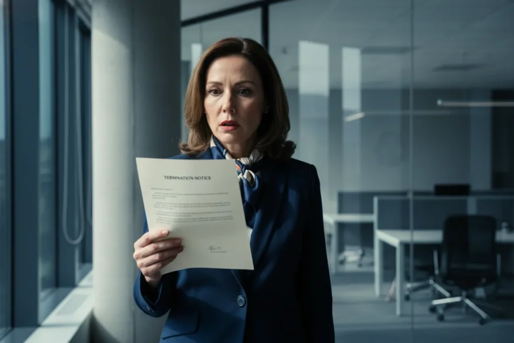 A branch manager holding a termination notice, looking shocked. This depicts the retaliation against managers who spoke up about the Wells Fargo fake accounts fraud.