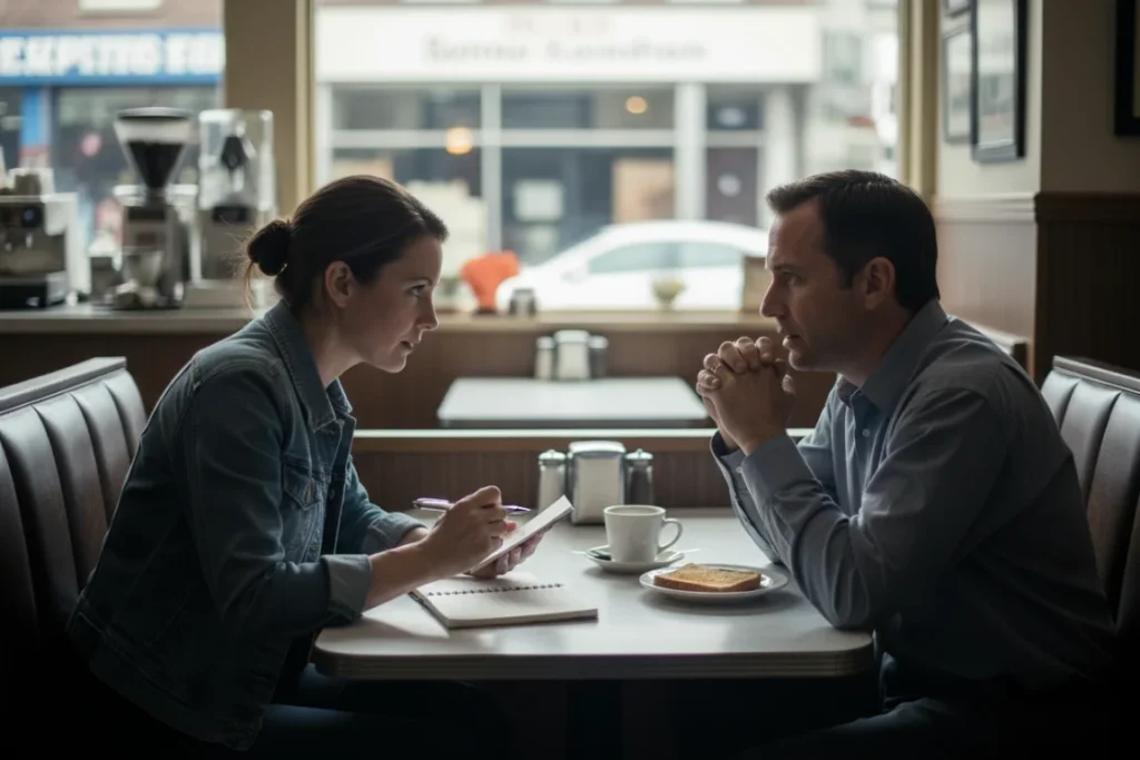 An investigative journalist interviews a former employee in a diner, uncovering details of the Wells Fargo fake accounts scandal.