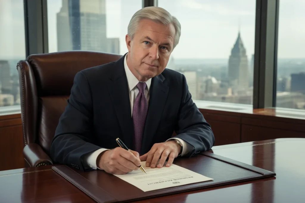 CEO John Stumpf sitting in his high-rise office, calmly signing his resignation papers amid the Wells Fargo fake accounts scandal.