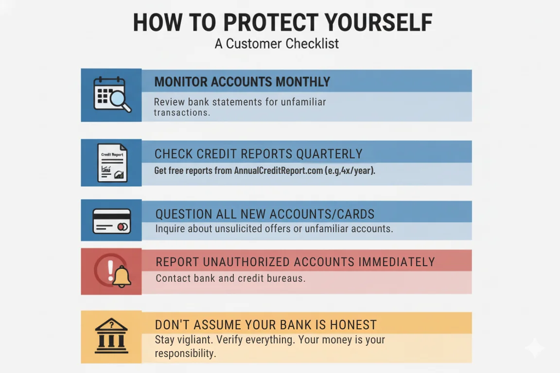 An infographic titled "How to Protect Yourself" with 5 steps, including monitoring accounts and not assuming your bank is honest, offering advice after the Wells Fargo fake accounts scandal.